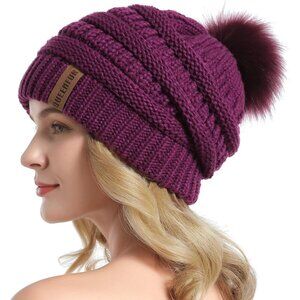 Women Plum Purple Soft Acrylic Thick Baggy Knit Winter Faux Fur Pompom Beanie
